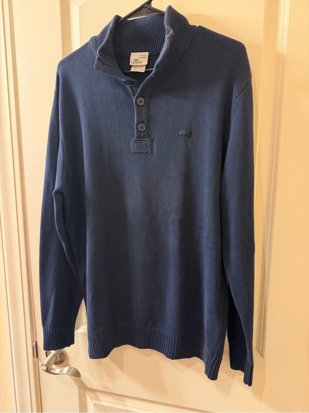 Vintage Lacoste Vintage Washed Cotton Sweater Navy Blue Henley Mock Neck L